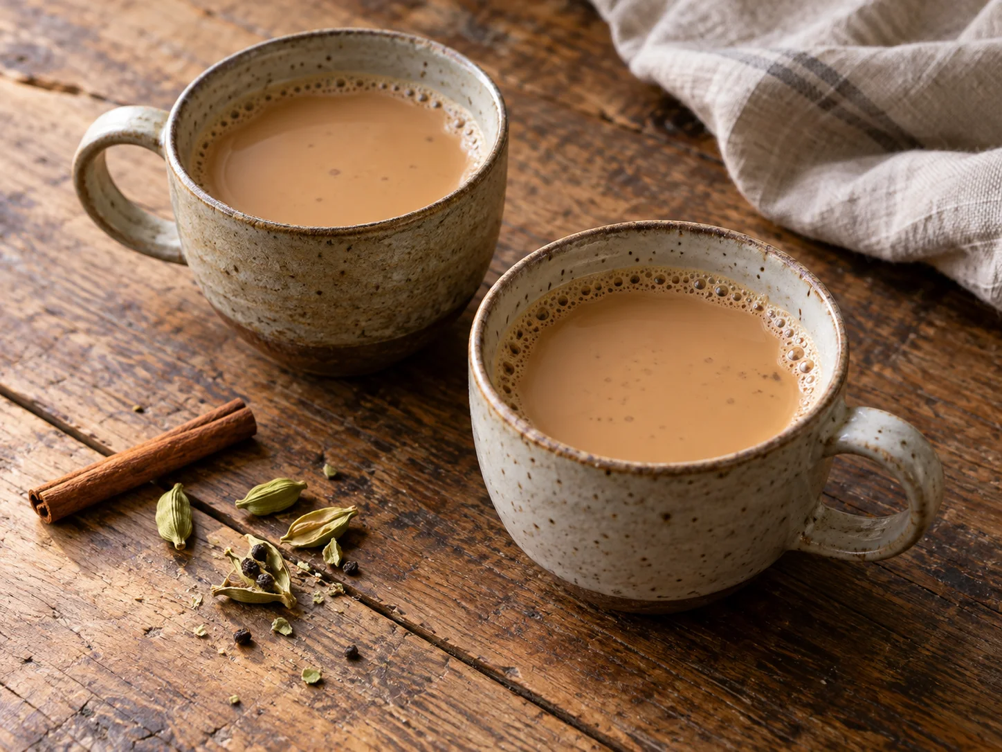 Two cups of cardamom chai with green cardamom pods and cinnamon