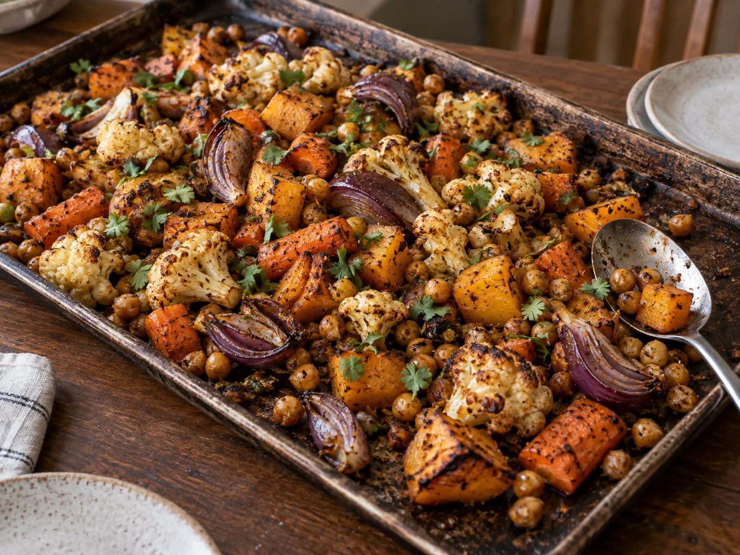 Roasted vegetables and chickpeas seasoned with garam masala