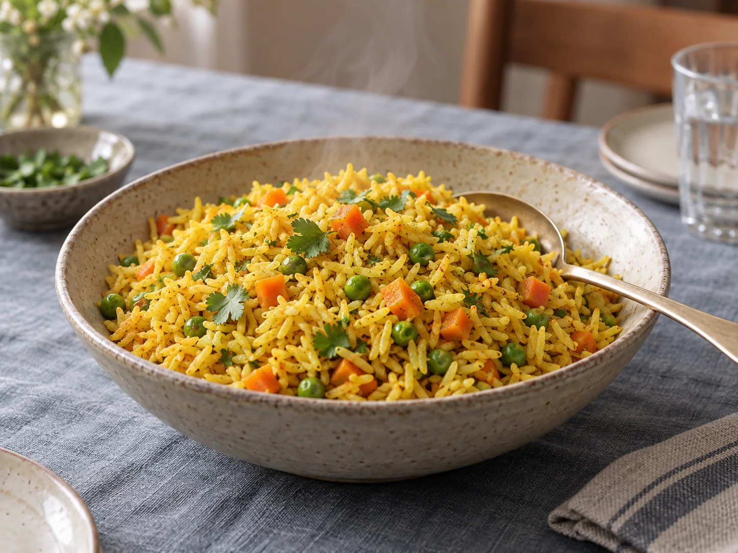 Golden curry rice with vegetables and fresh herbs