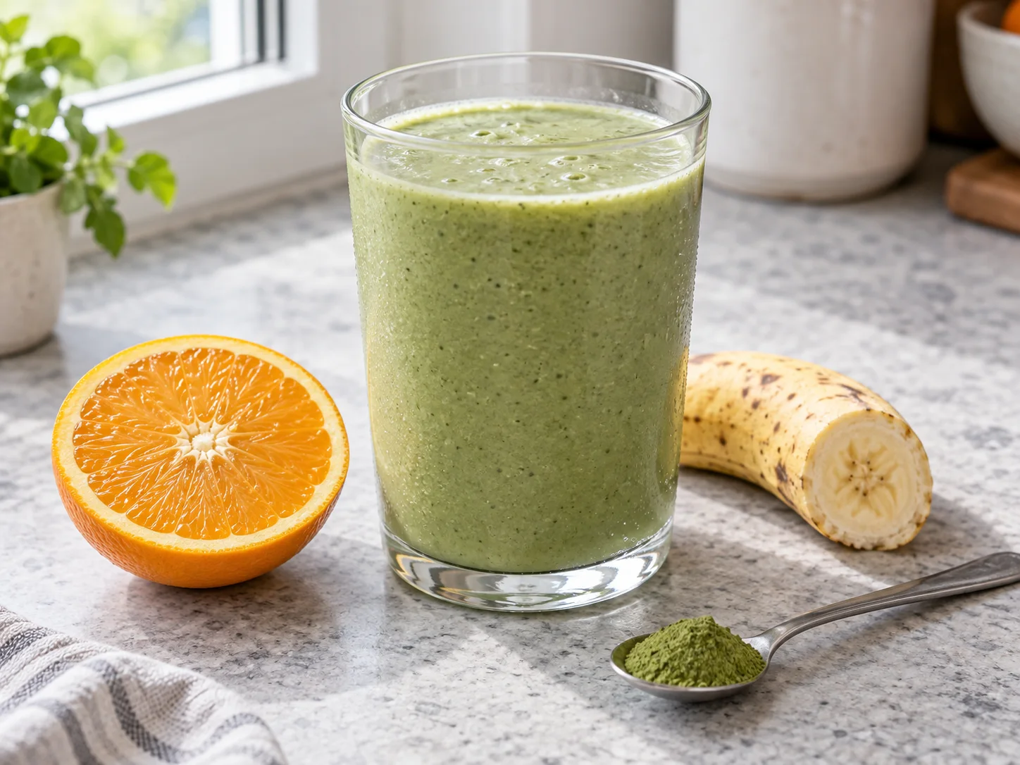 A green moringa citrus smoothie with fresh lime and banana