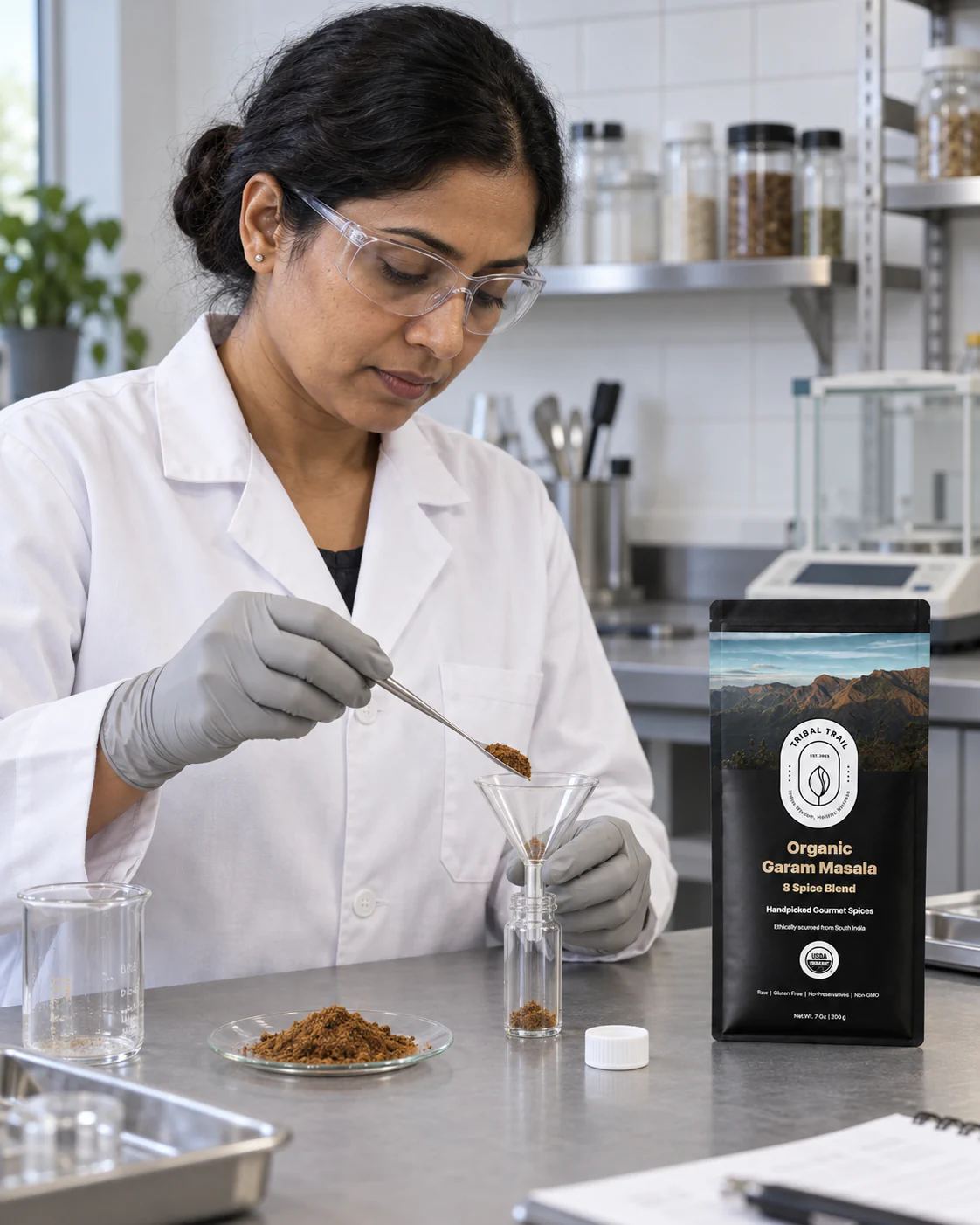 A laboratory technician documenting an ingredient quality check