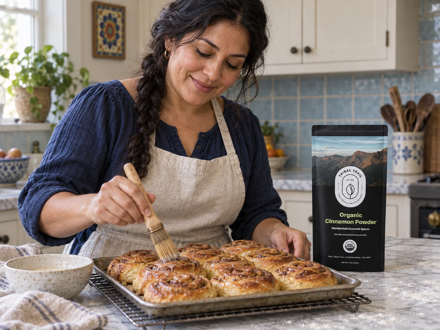A woman baking at home with a Tribal Trail Cinnamon Powder pouch