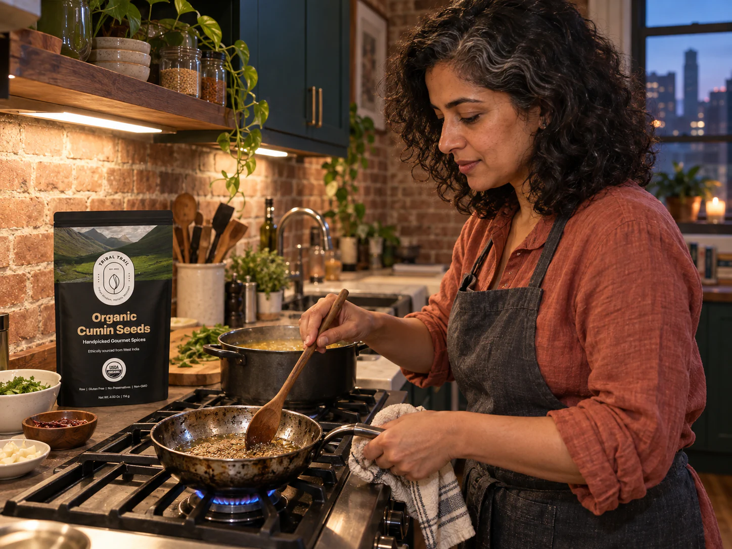 A woman blooming ingredients in a pan beside a Tribal Trail pouch