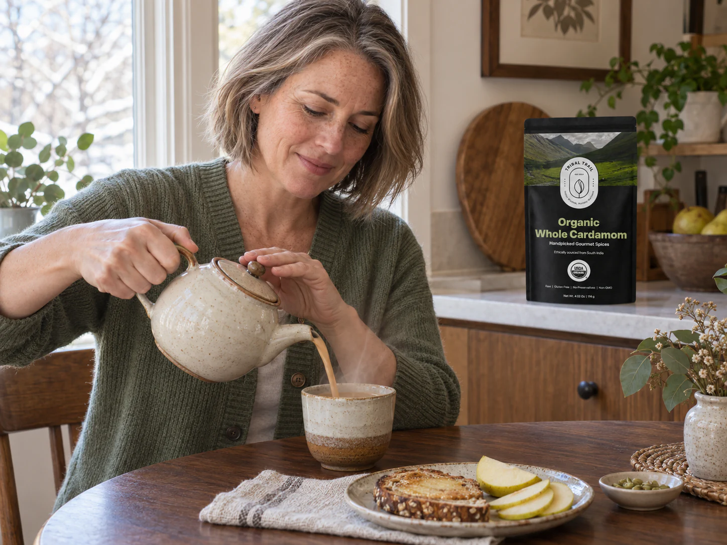 A woman steeping a spiced drink with Tribal Trail Whole Cardamom