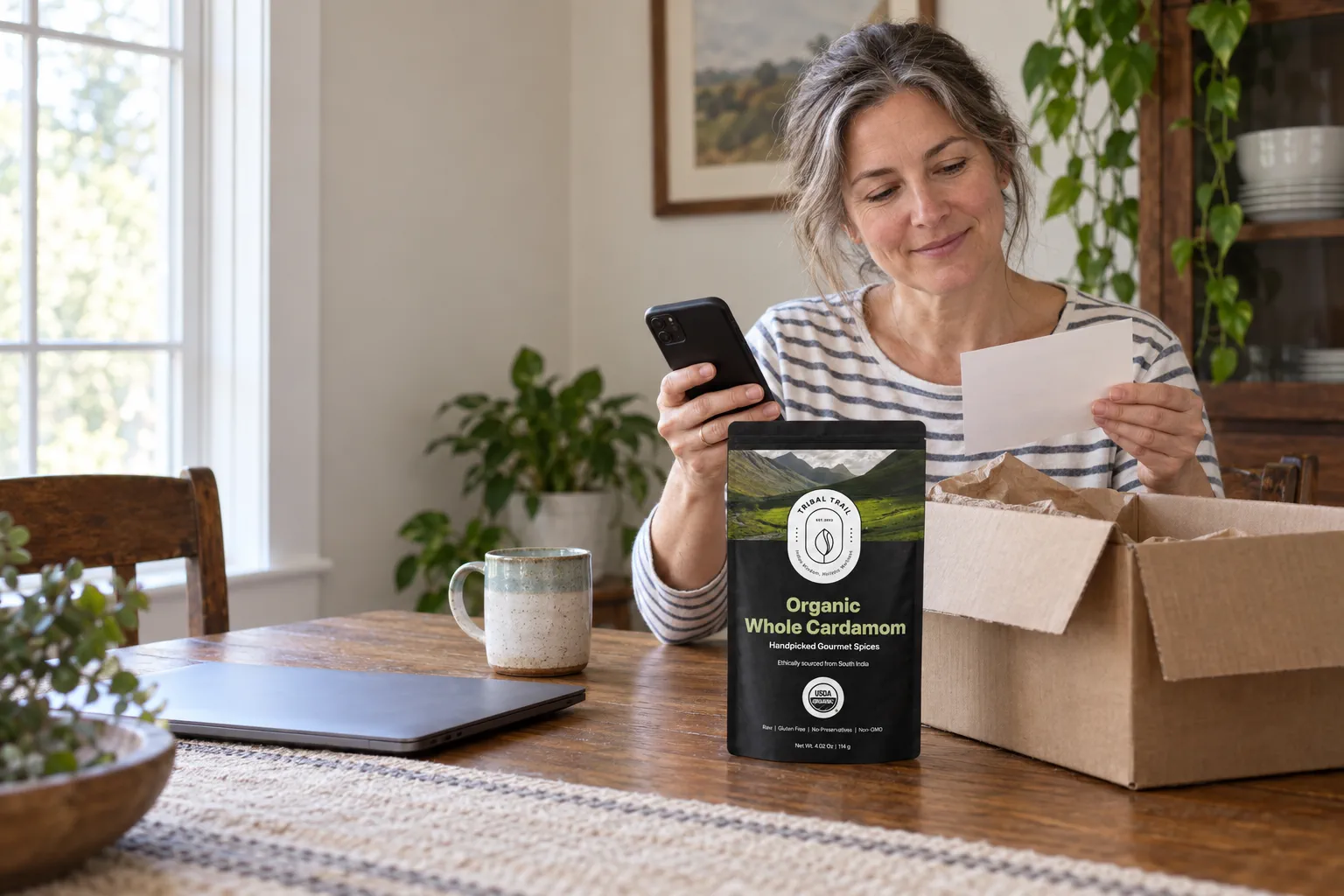 A woman checking her phone beside a delivery box and Tribal Trail Whole Cardamom pouch