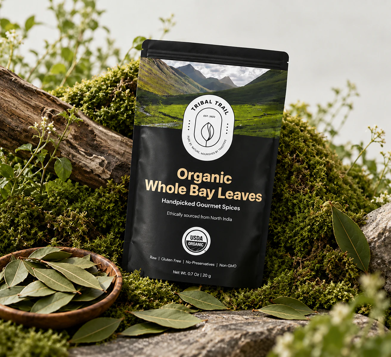 Tribal Trail Whole Bay Leaves pouch photographed as a complete scene with its ingredient and natural landscape