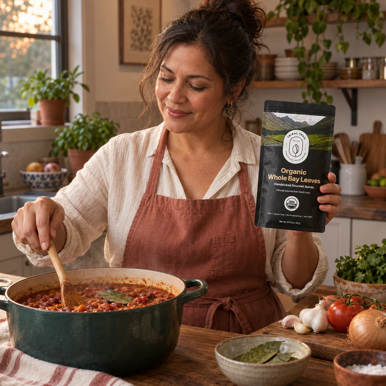 Customer using Tribal Trail Whole Bay Leaves in an everyday food ritual