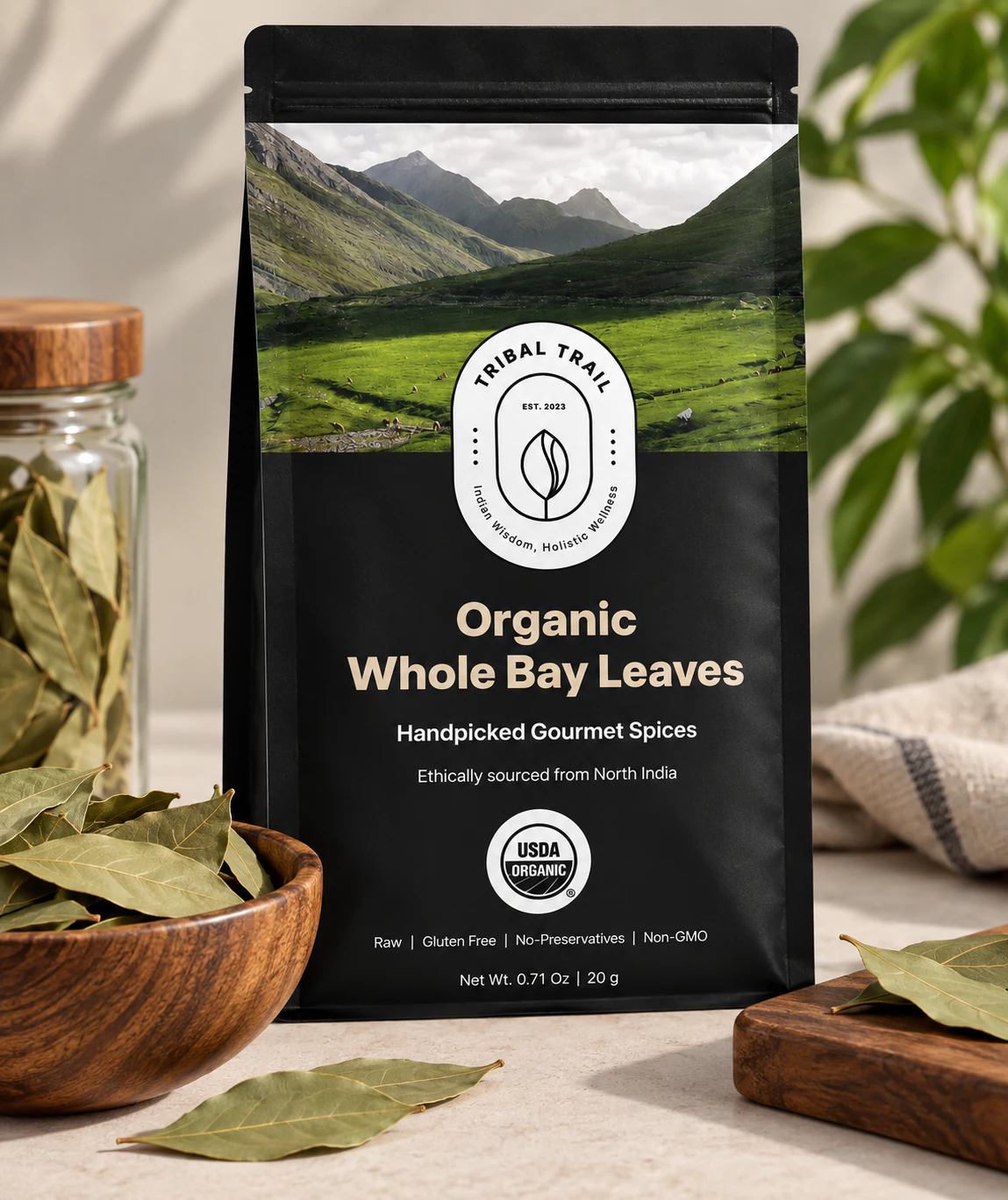 Tribal Trail Whole Bay Leaves pouch with the ingredient in its growing-region setting