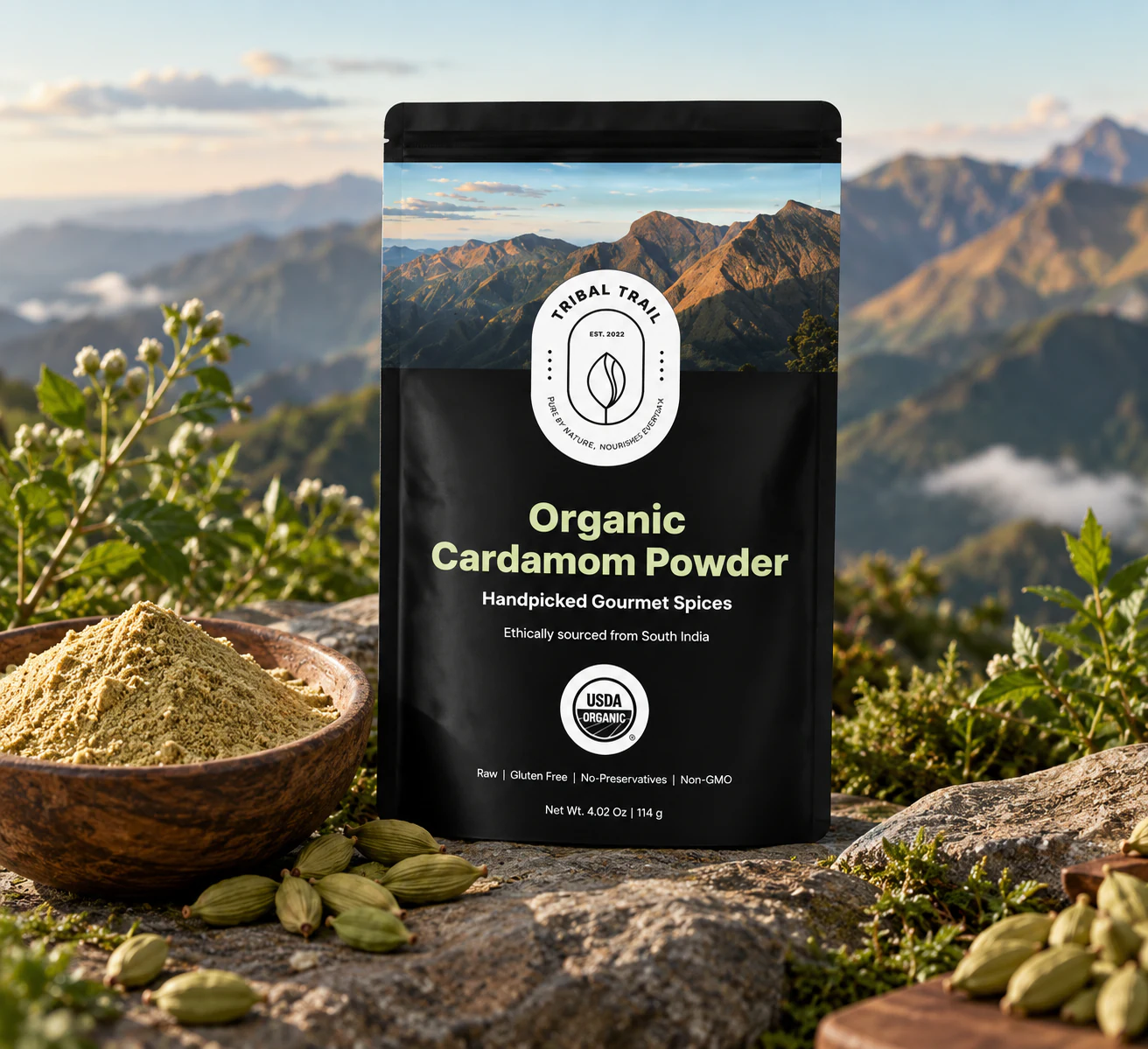 Tribal Trail Cardamom Powder pouch photographed as a complete scene with its ingredient and natural landscape