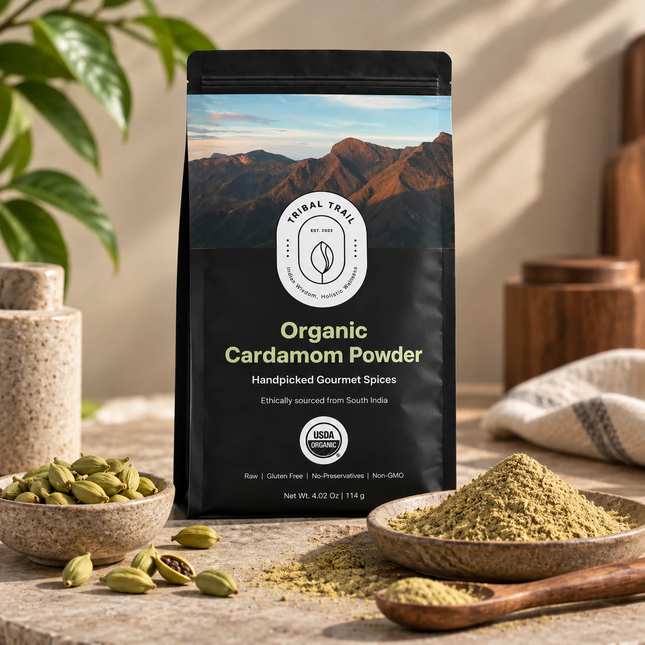 Tribal Trail Cardamom Powder pouch with the ingredient in its growing-region setting