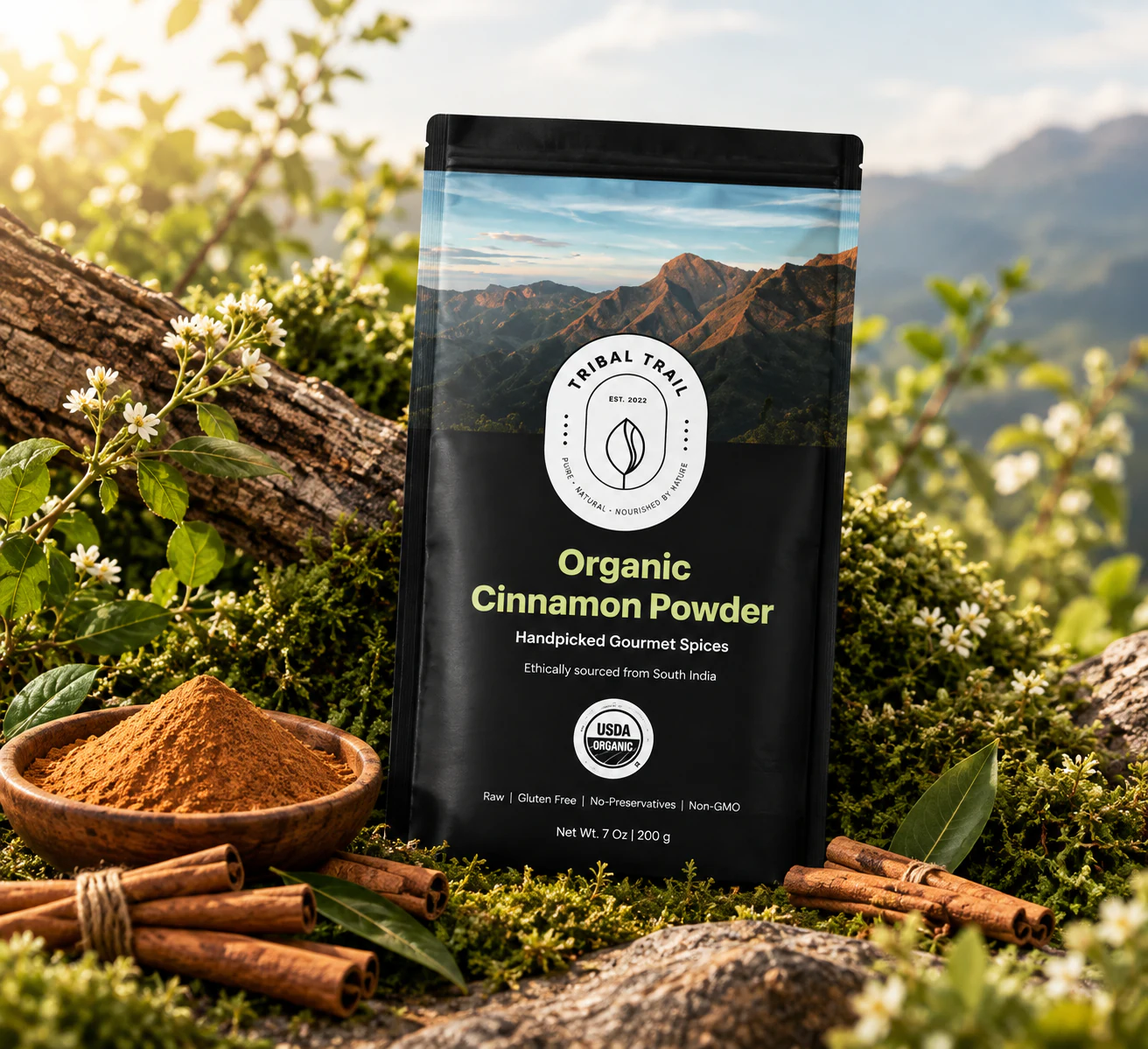 Tribal Trail Cinnamon Powder pouch photographed as a complete scene with its ingredient and natural landscape