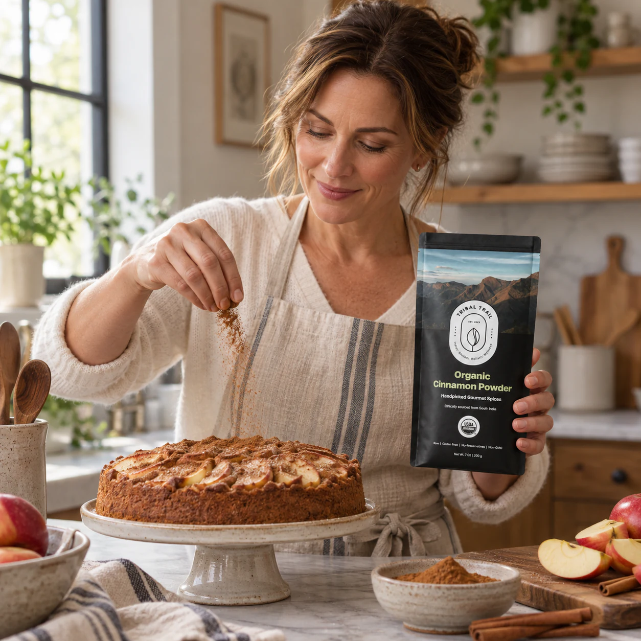 Customer using Tribal Trail Cinnamon Powder in an everyday food ritual