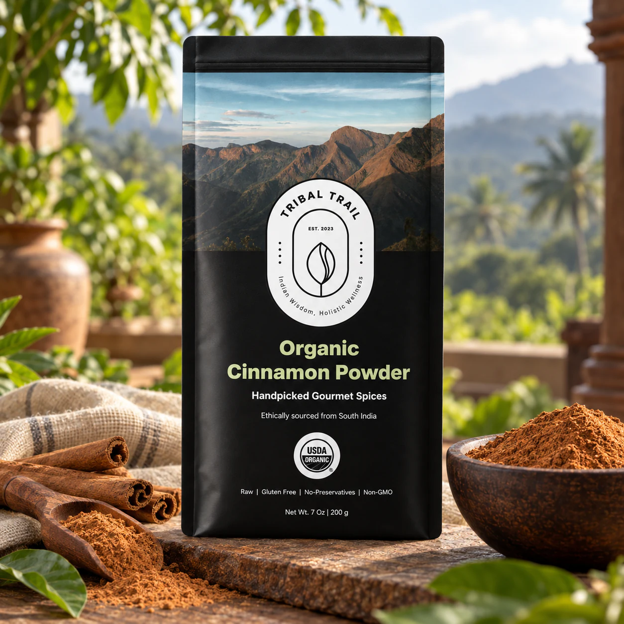 Tribal Trail Cinnamon Powder pouch with the ingredient in its growing-region setting