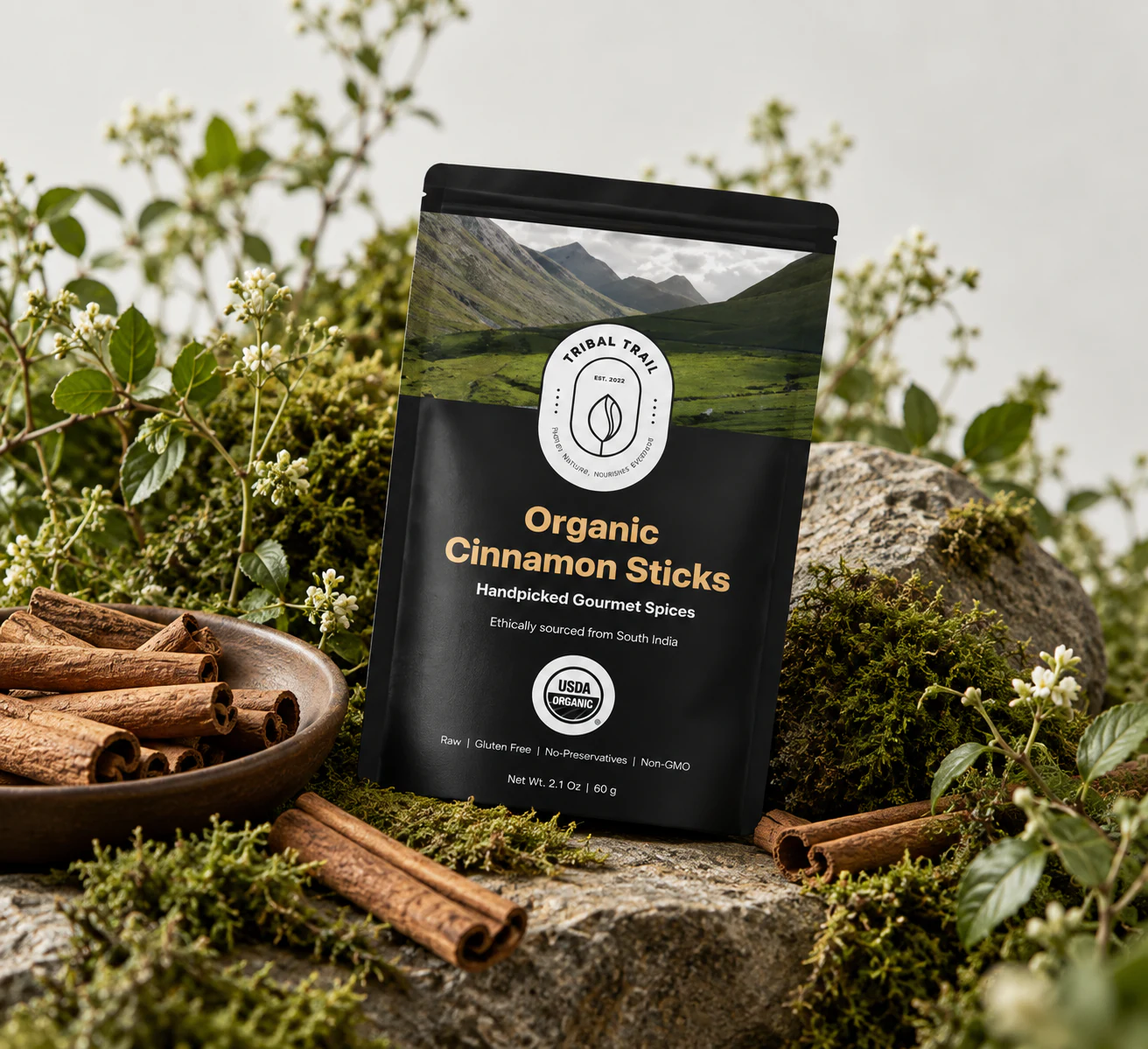 Tribal Trail Cinnamon Sticks pouch photographed as a complete scene with its ingredient and natural landscape