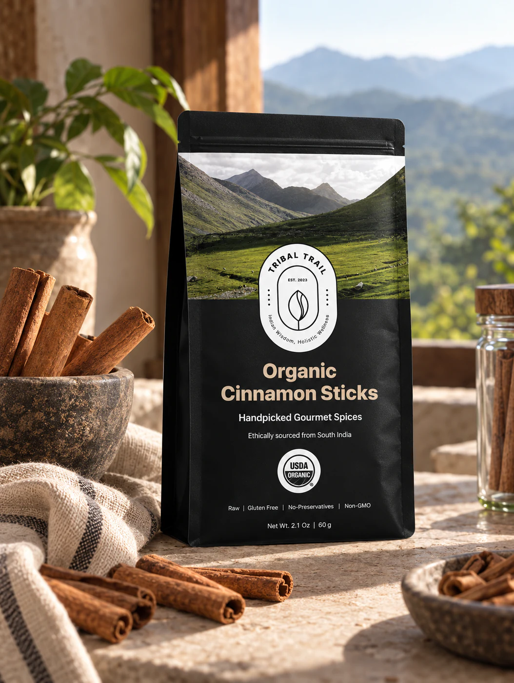 Tribal Trail Cinnamon Sticks pouch with the ingredient in its growing-region setting
