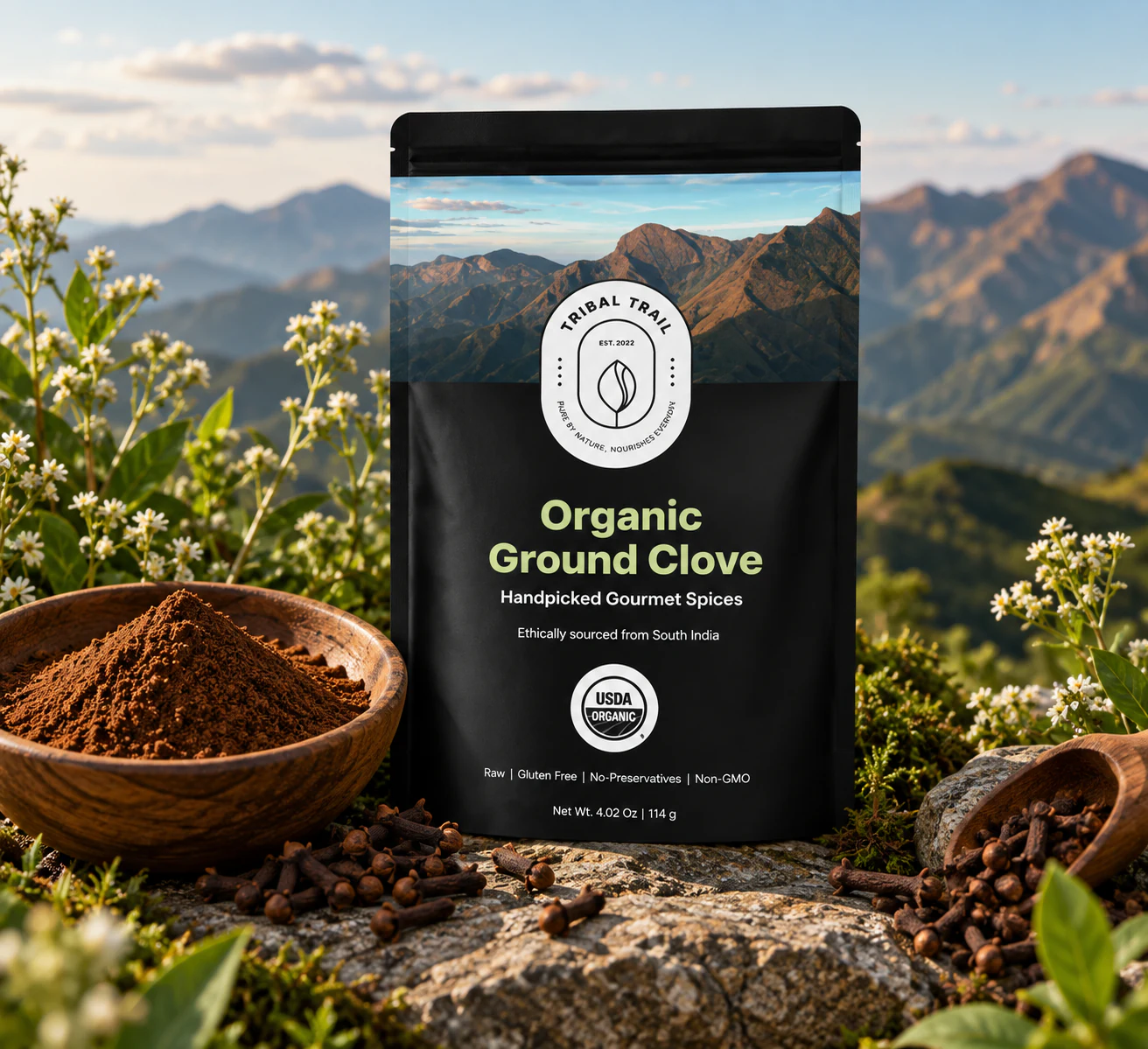 Tribal Trail Ground Clove pouch photographed as a complete scene with its ingredient and natural landscape
