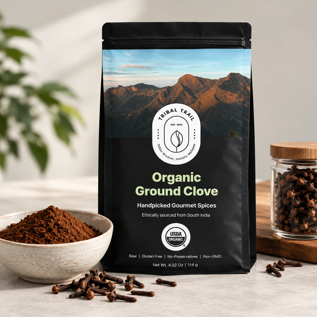Tribal Trail Ground Clove pouch with the ingredient in its growing-region setting