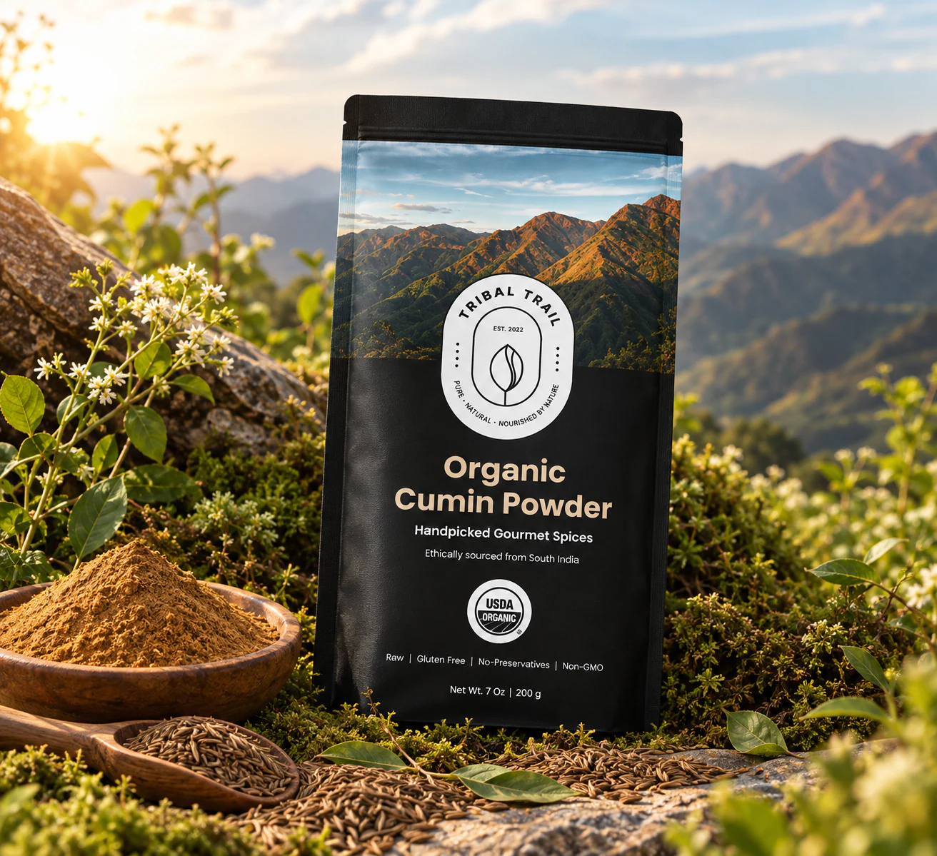 Tribal Trail Cumin Powder pouch photographed as a complete scene with its ingredient and natural landscape