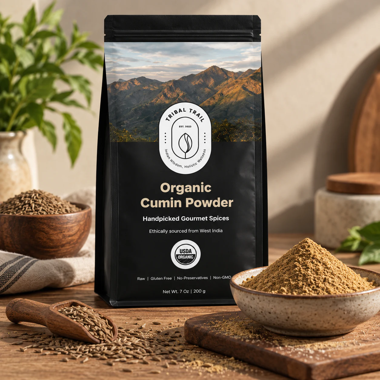 Tribal Trail Cumin Powder pouch with the ingredient in its growing-region setting