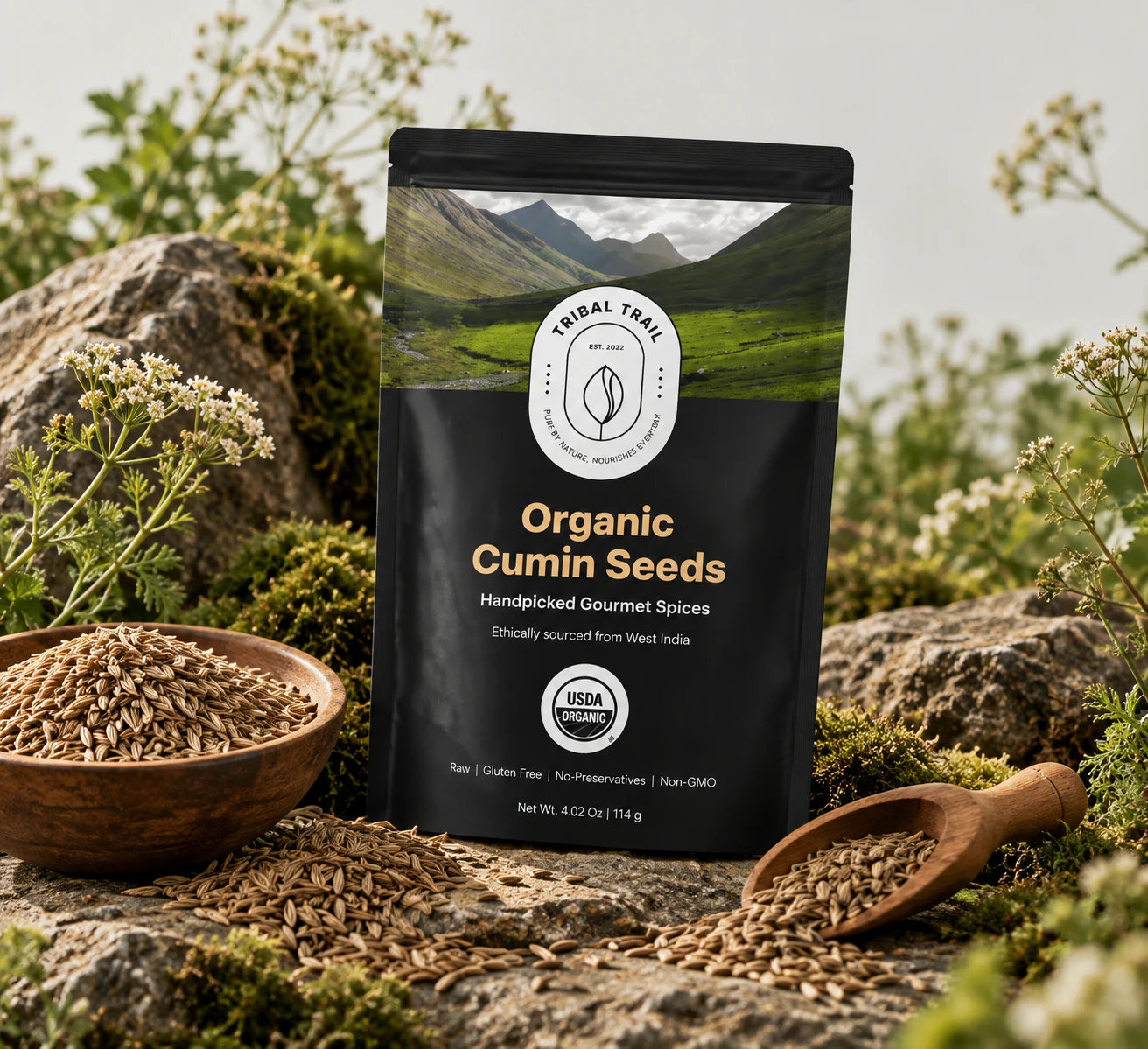 Tribal Trail Cumin Seeds pouch photographed as a complete scene with its ingredient and natural landscape
