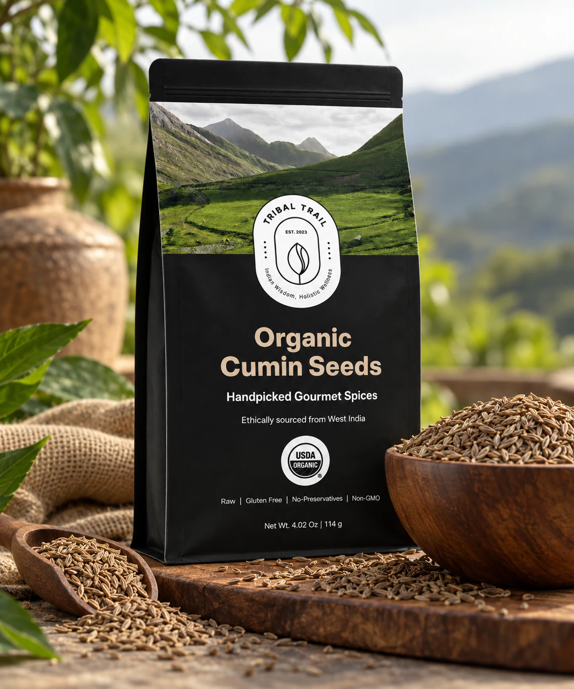 Tribal Trail Cumin Seeds pouch with the ingredient in its growing-region setting