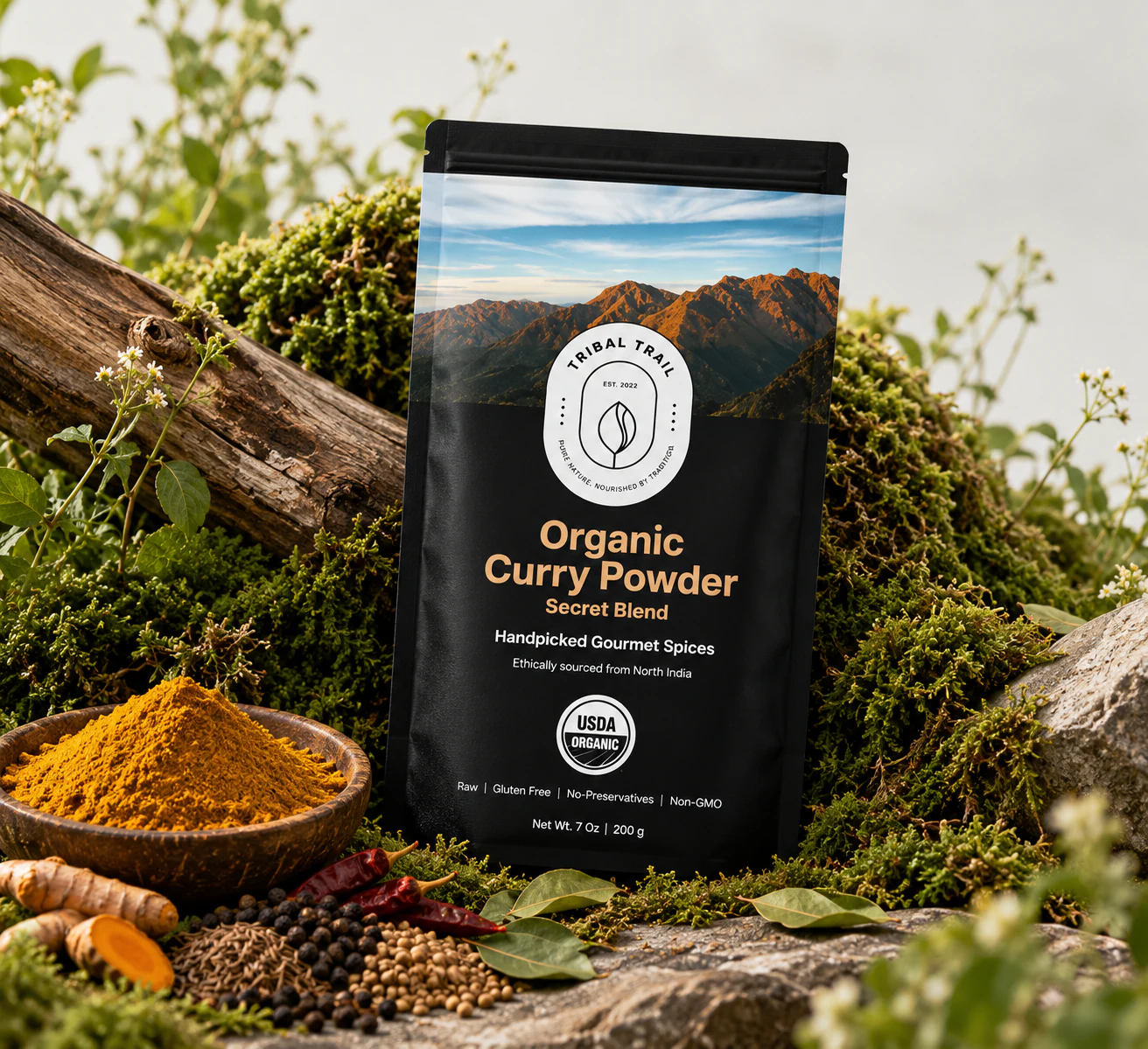 Tribal Trail Curry Powder pouch photographed as a complete scene with its ingredient and natural landscape