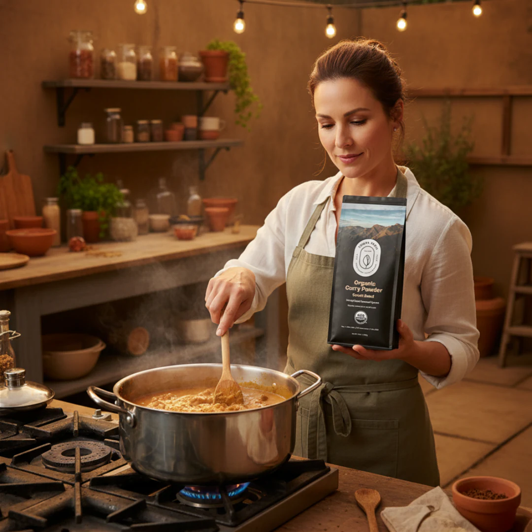 Customer using Tribal Trail Curry Powder in an everyday food ritual