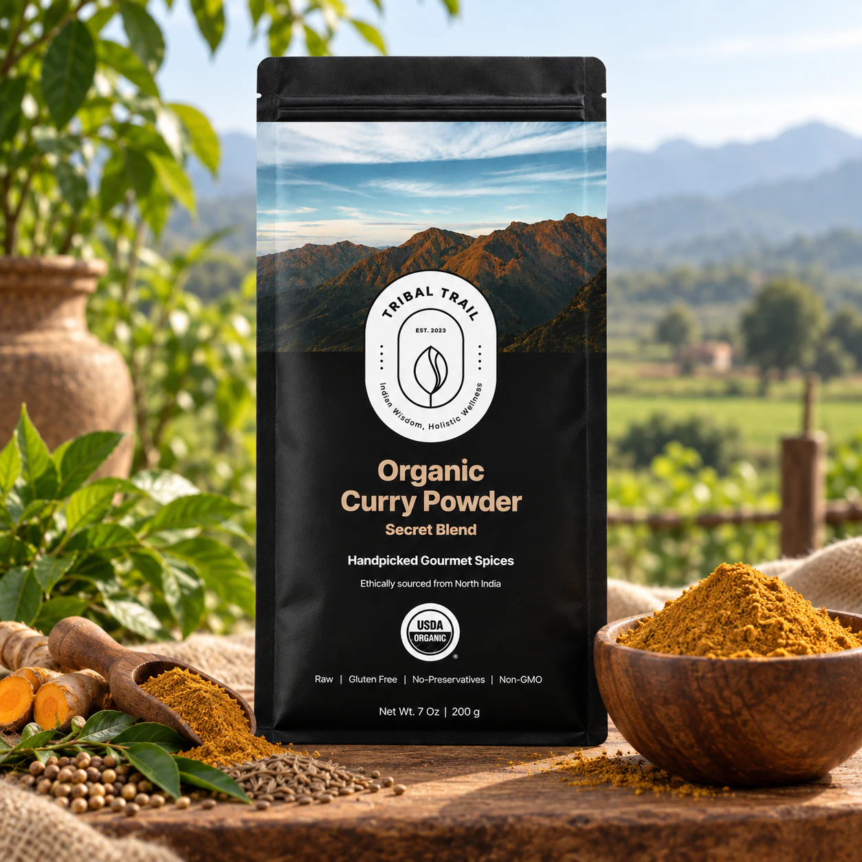 Tribal Trail Curry Powder pouch with the ingredient in its growing-region setting