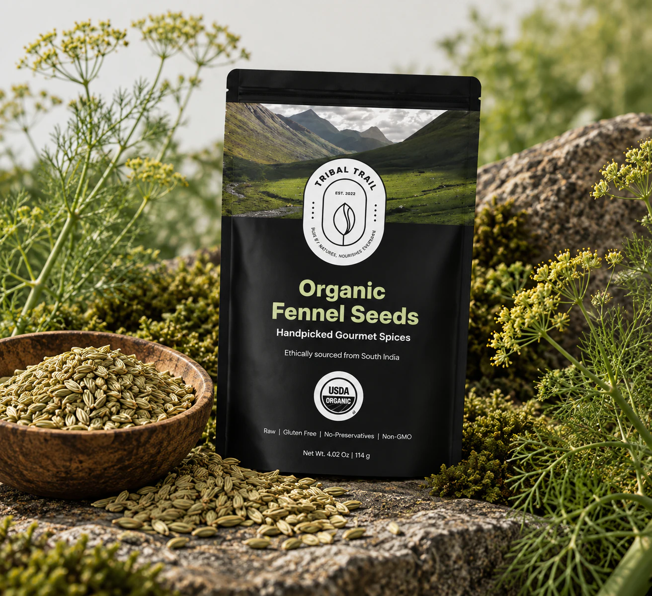Tribal Trail Fennel Seeds pouch photographed as a complete scene with its ingredient and natural landscape