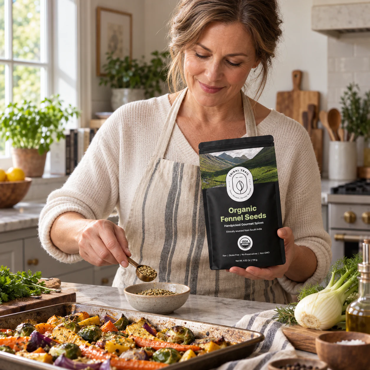 Customer using Tribal Trail Fennel Seeds in an everyday food ritual