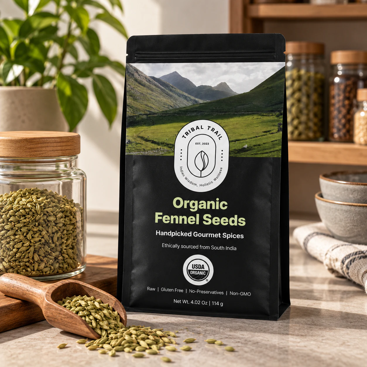 Tribal Trail Fennel Seeds pouch with the ingredient in its growing-region setting