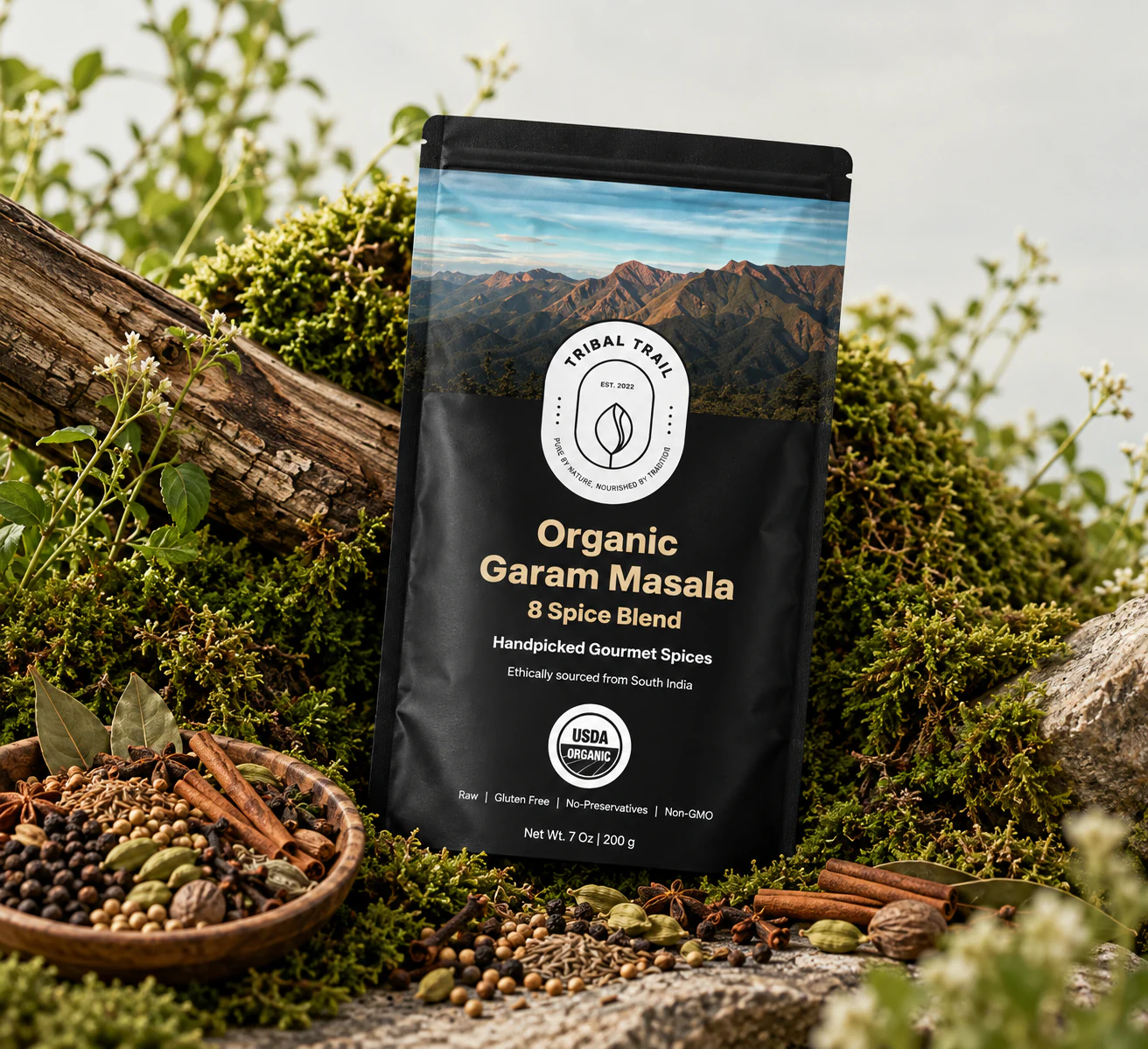 Tribal Trail Garam Masala pouch photographed as a complete scene with its ingredient and natural landscape