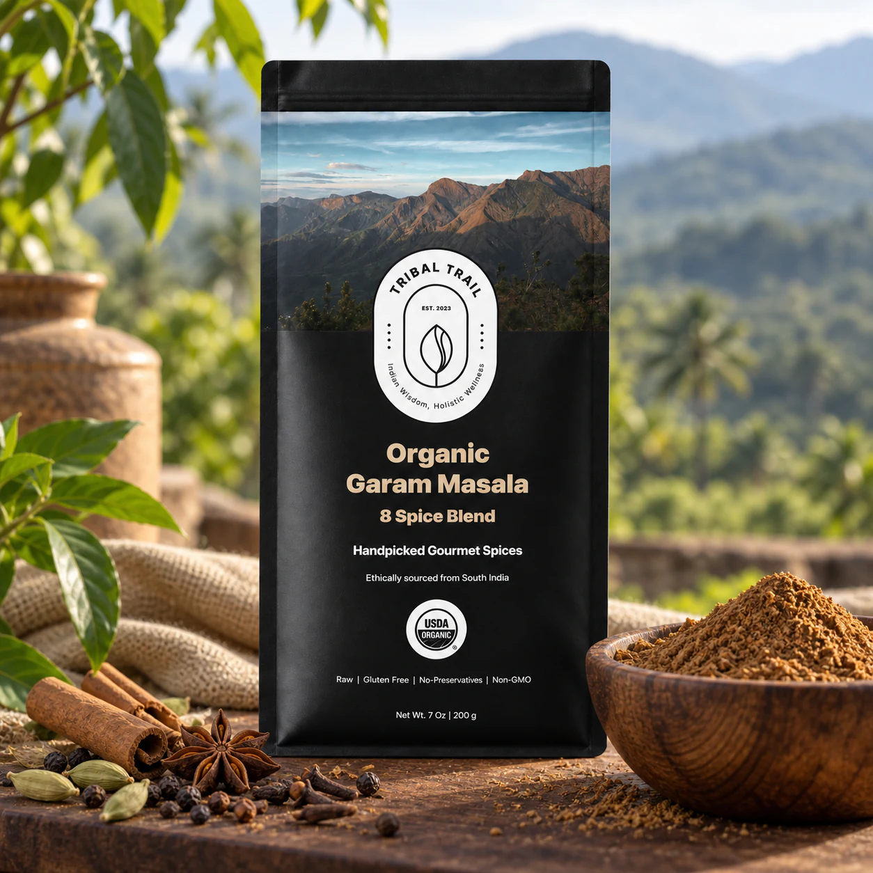 Tribal Trail Garam Masala pouch with the ingredient in its growing-region setting