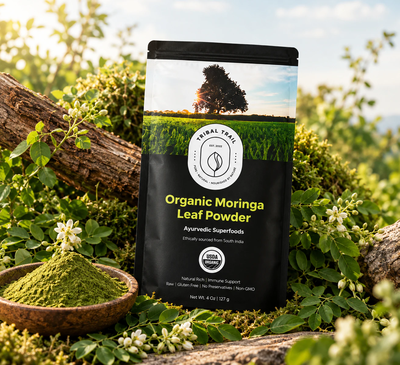 Tribal Trail Moringa Leaf Powder pouch photographed as a complete scene with its ingredient and natural landscape