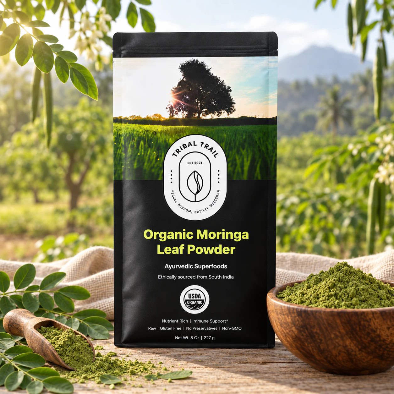 Tribal Trail Moringa Leaf Powder pouch with the ingredient in its growing-region setting