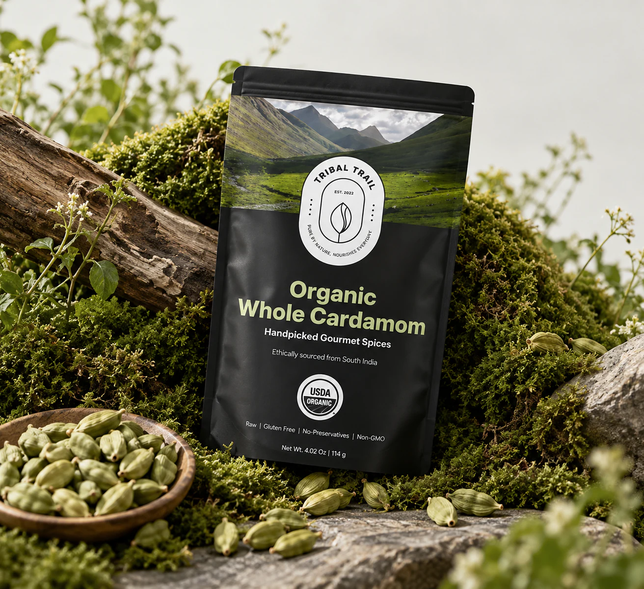 Tribal Trail Whole Cardamom pouch photographed as a complete scene with its ingredient and natural landscape