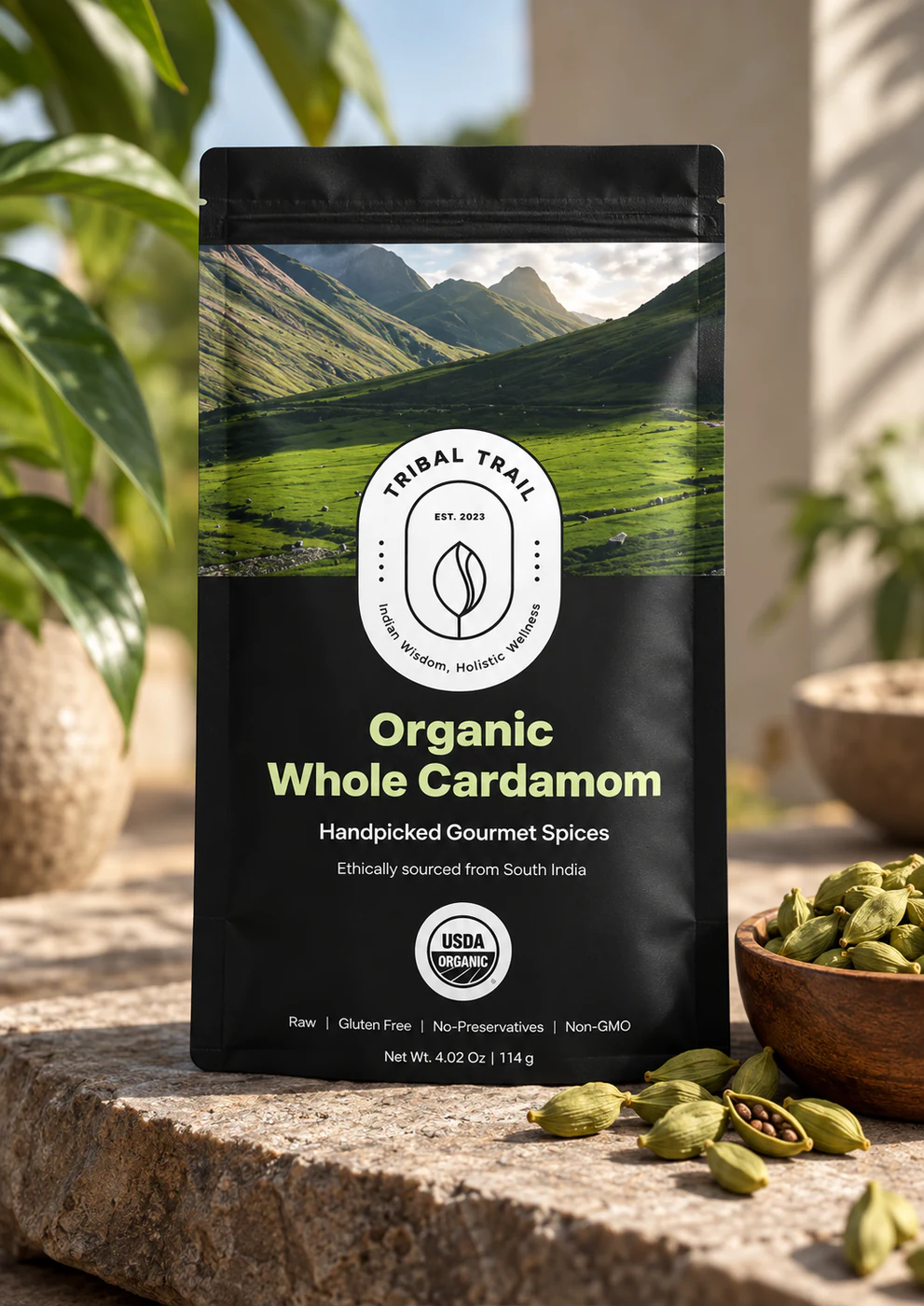 Tribal Trail Whole Cardamom pouch with the ingredient in its growing-region setting