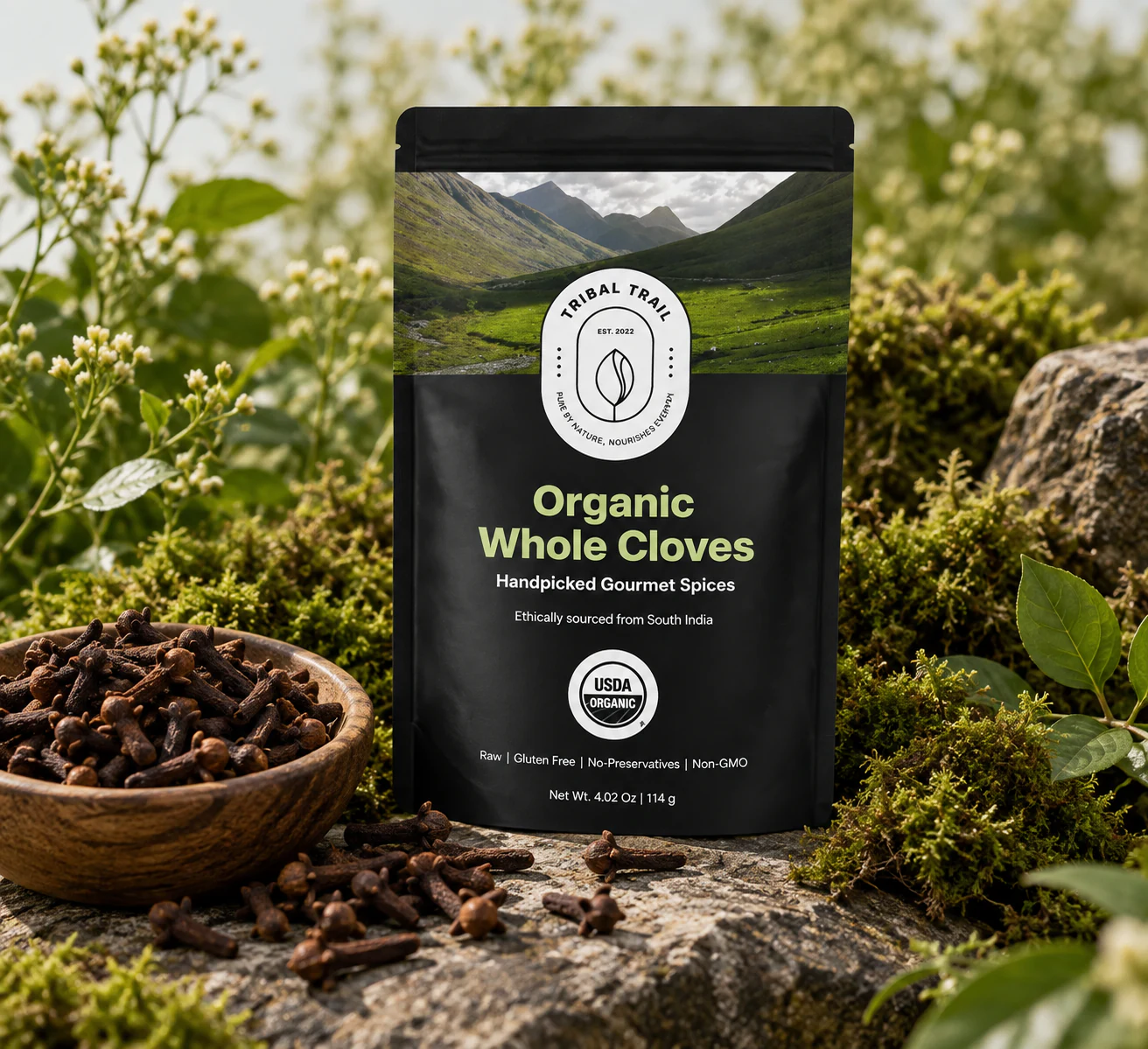 Tribal Trail Whole Cloves pouch photographed as a complete scene with its ingredient and natural landscape