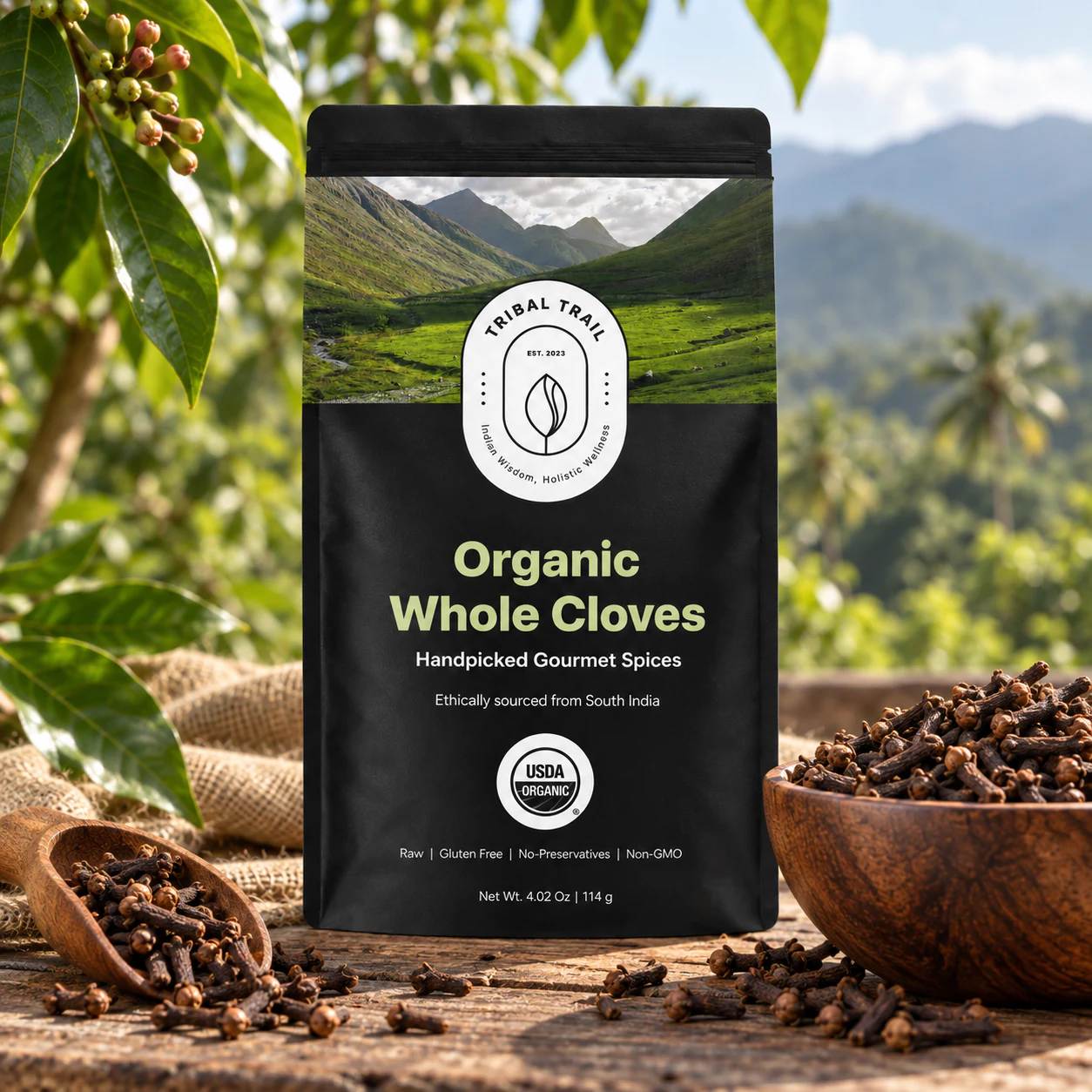Tribal Trail Whole Cloves pouch with the ingredient in its growing-region setting