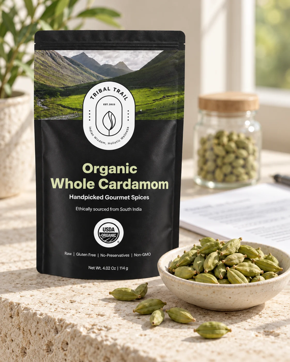 Tribal Trail Whole Cardamom pouch, green cardamom pods and a subtle paperwork detail in natural daylight
