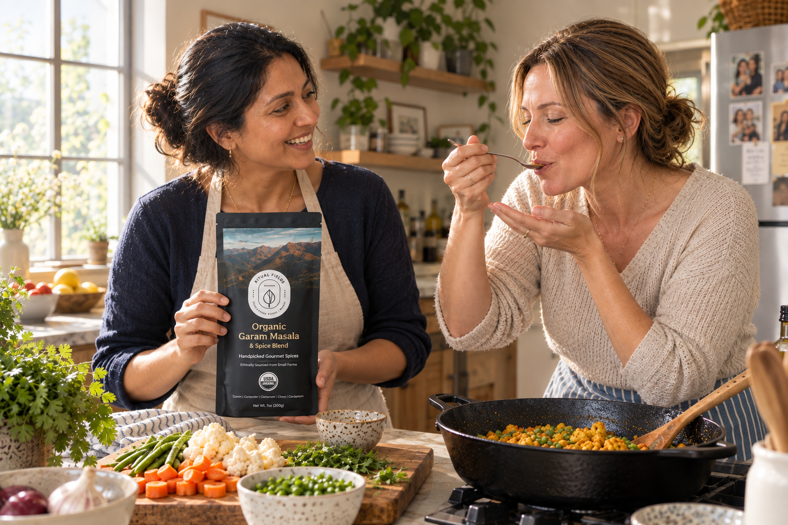 Two friends cooking and tasting a vegetable dish with Tribal Trail Garam Masala