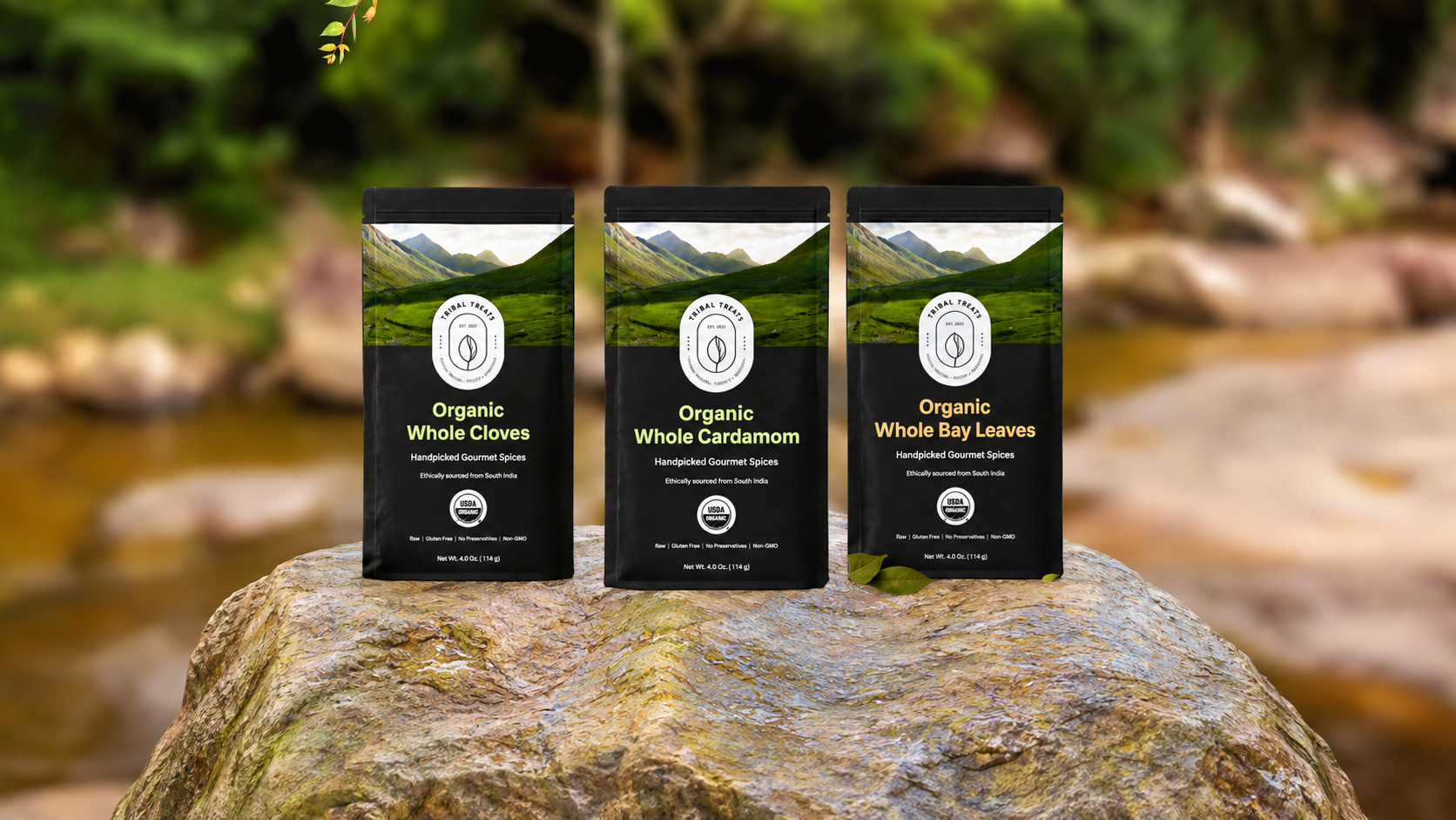 Tribal Trail Organic Whole Cloves, Whole Cardamom, and Whole Bay Leaves displayed in a forest setting